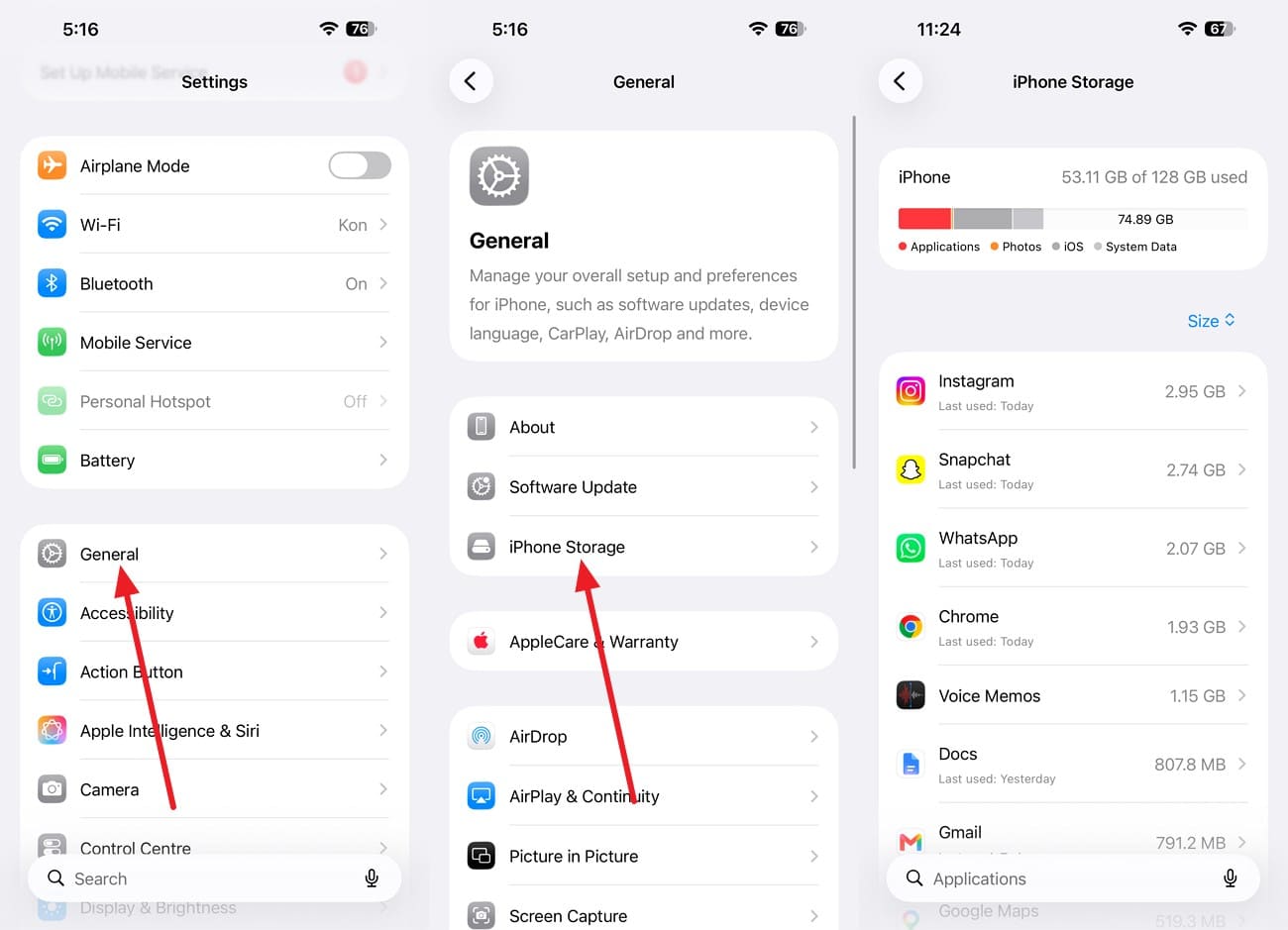 check the iphone storage