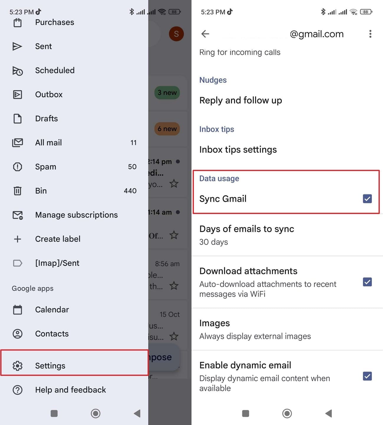 toggle on sync gmail