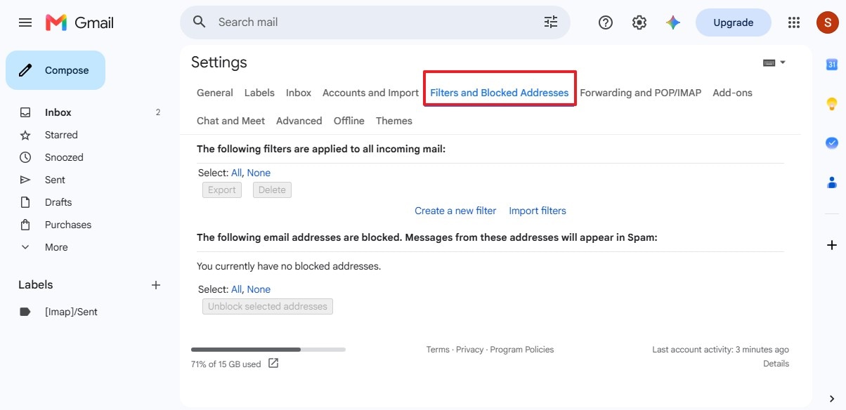choose filters and blocked addresses tab