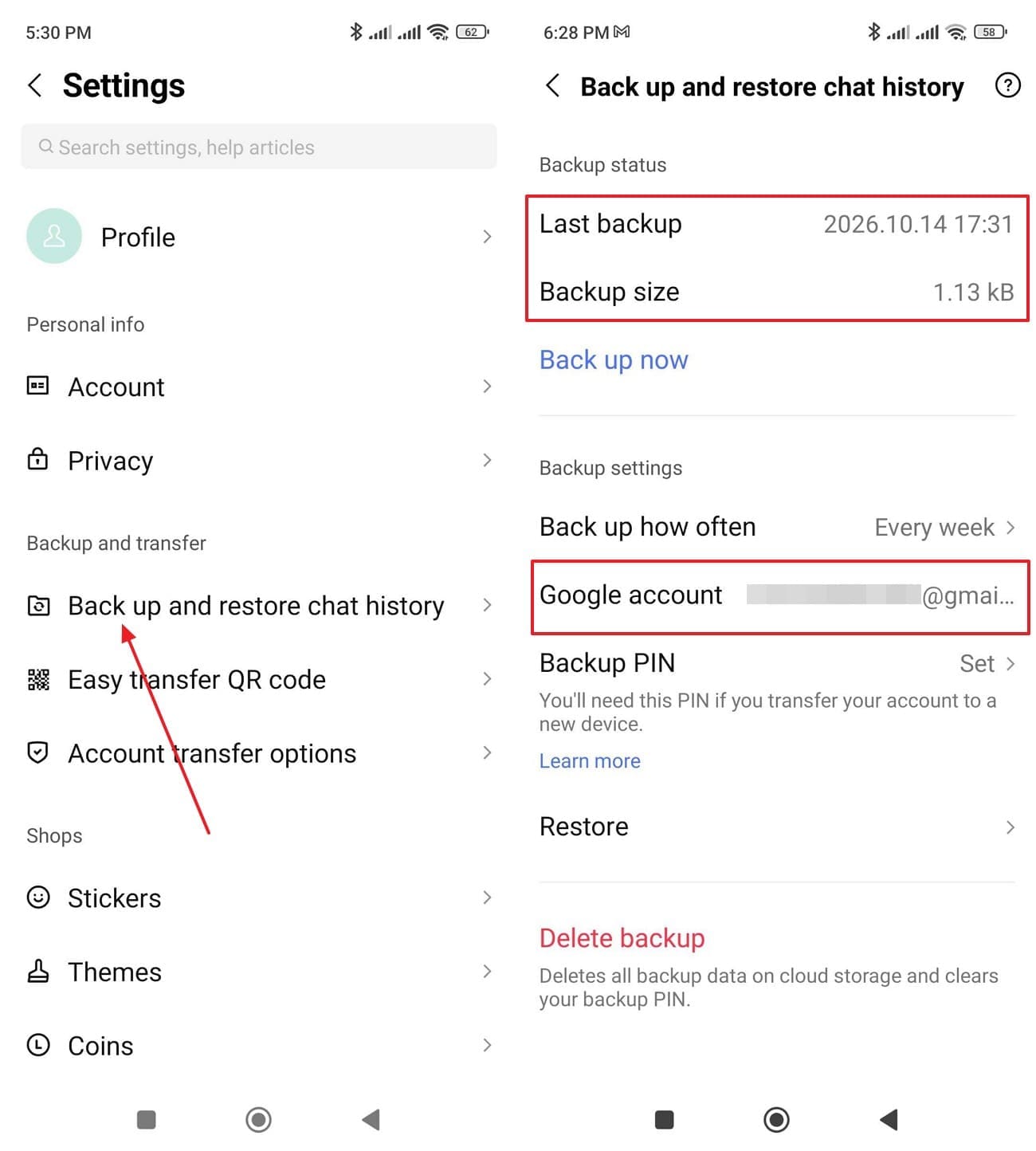 check the line backup and account