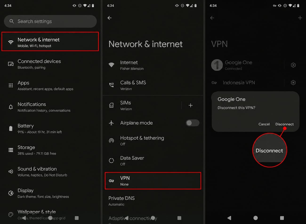 disable the vpn on android