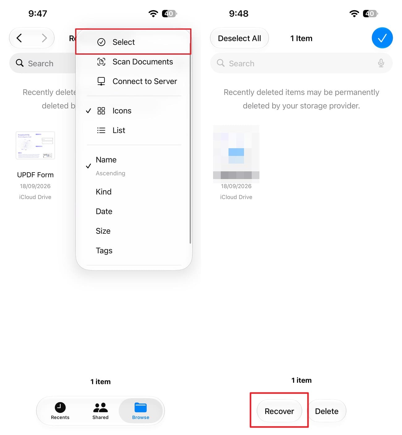 choose the recover button