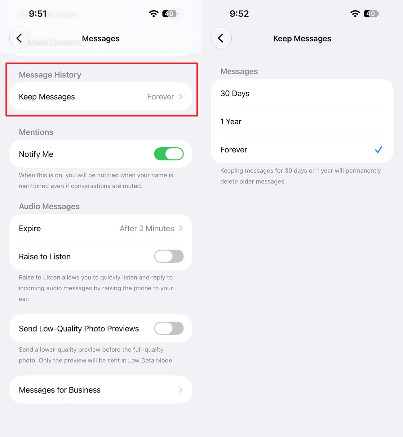 select keep messages settings