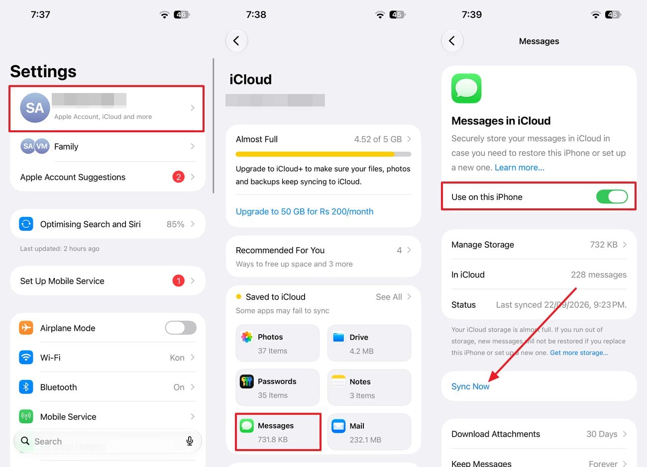 select messages and sync now