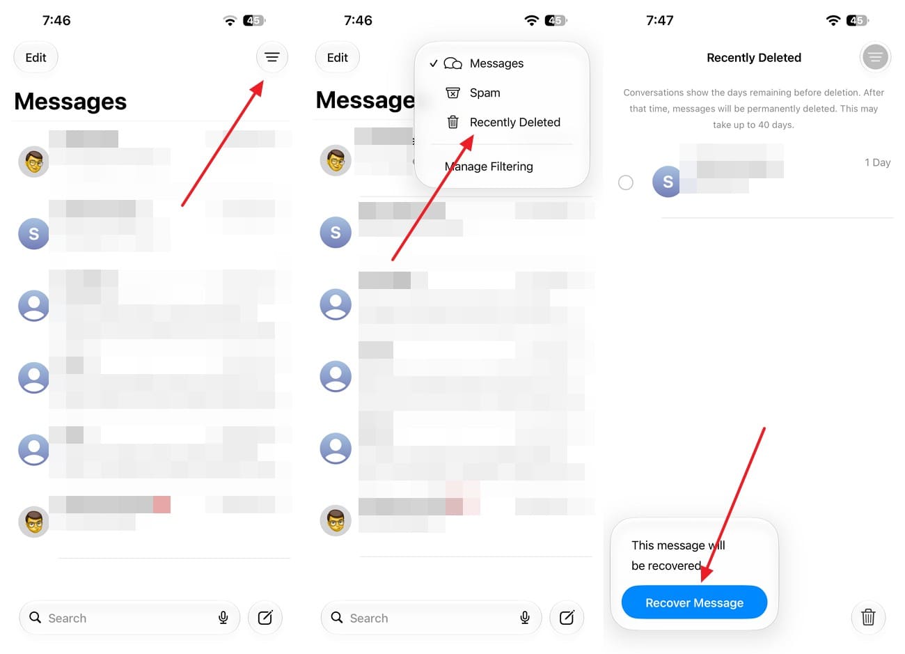 choose filter and recover message