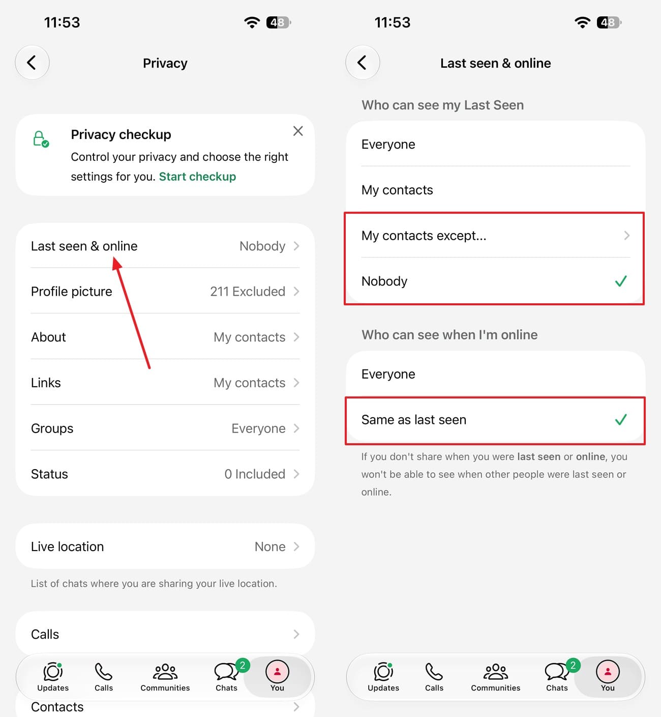 select last seen and online options