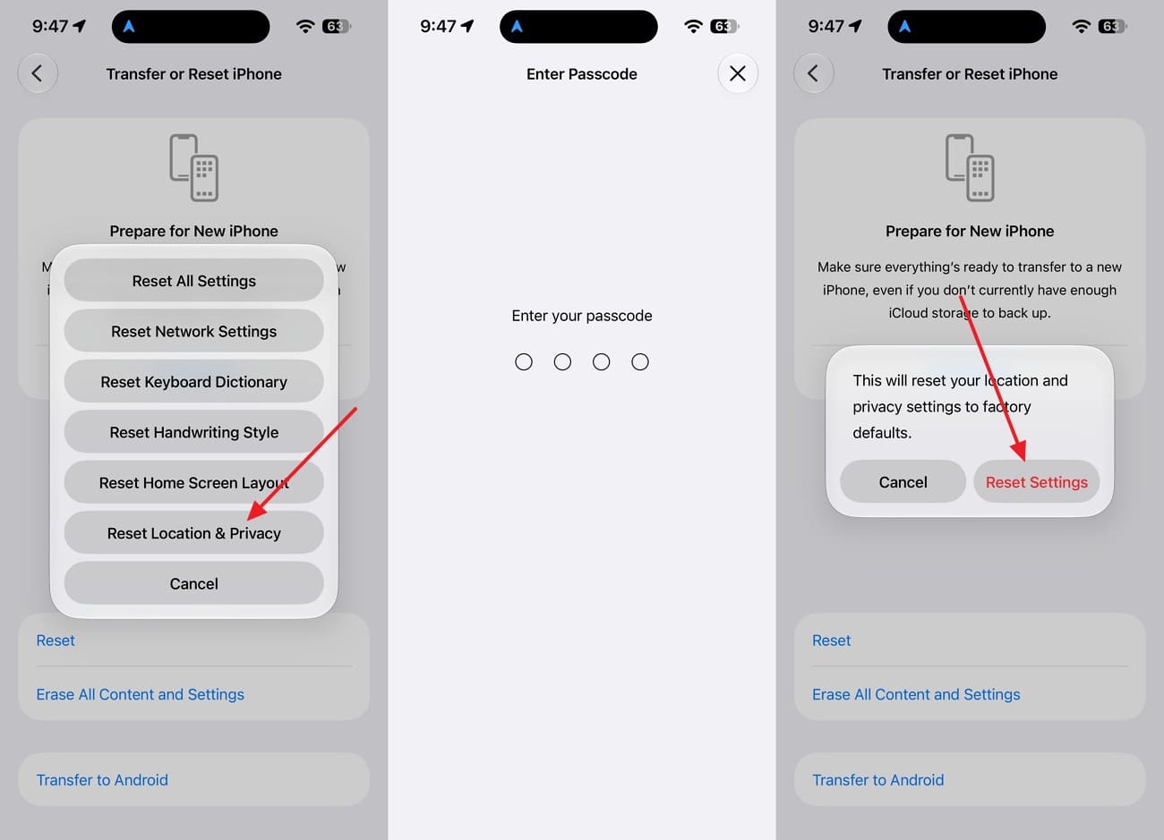 reset location and privacy settings