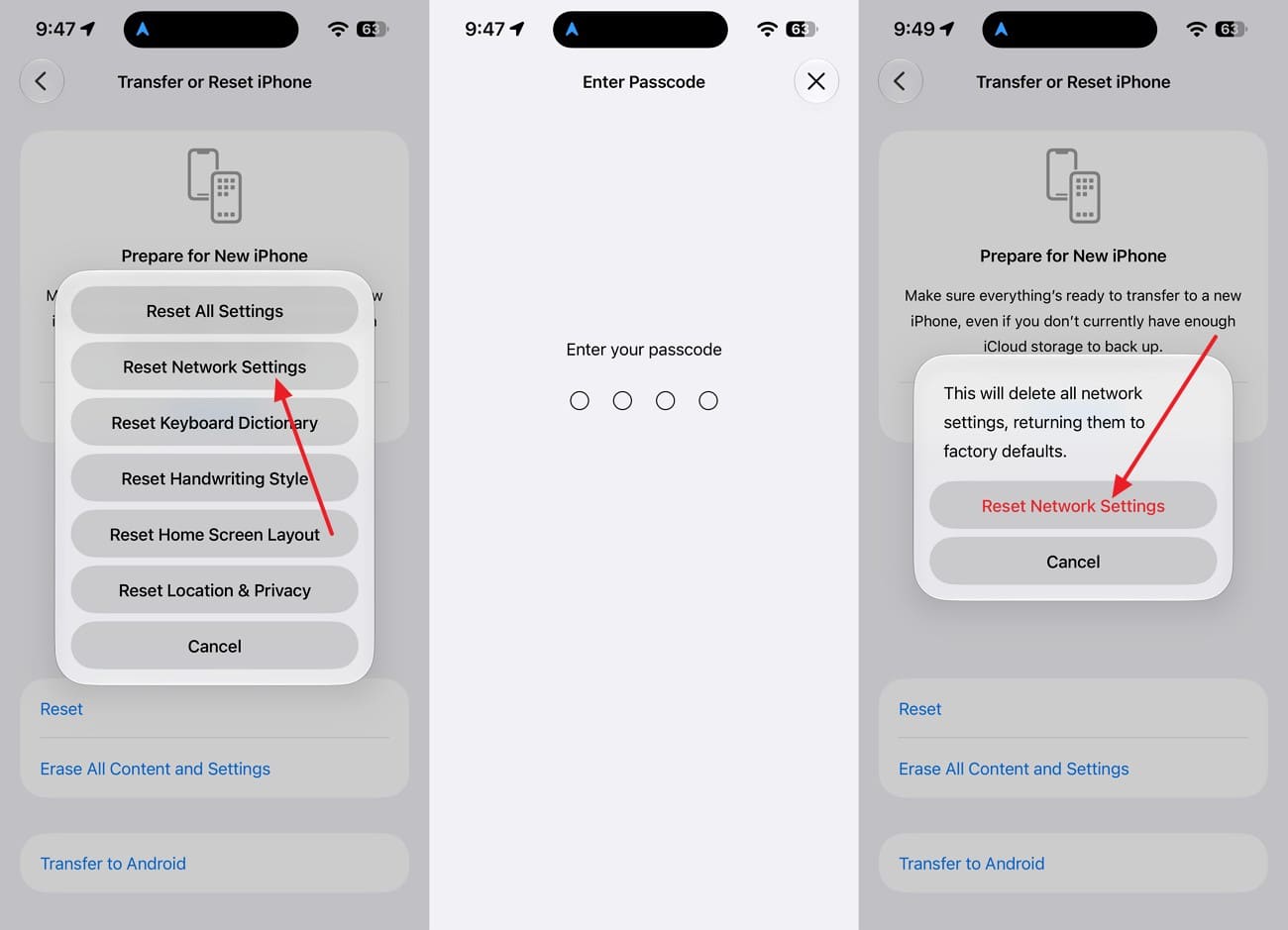 reset the network settings