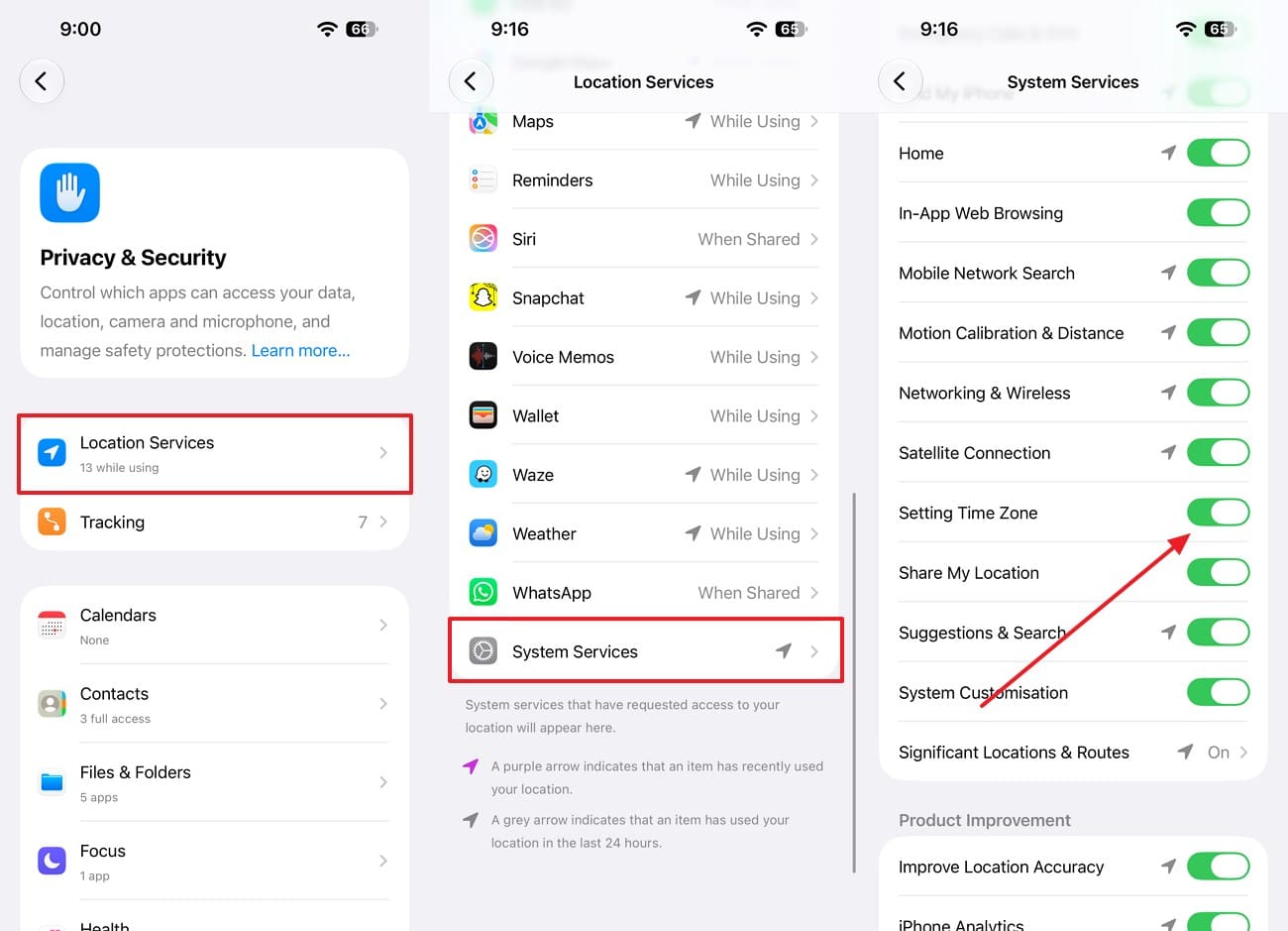 toggle on settings time zone