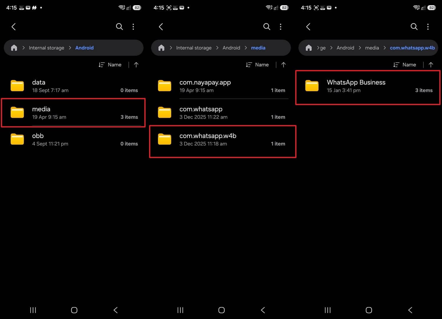 access the media and whatsapp folder
