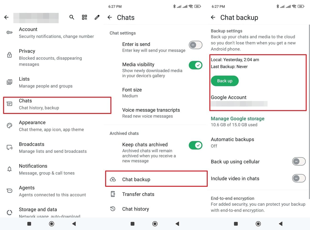 check the chat backup date