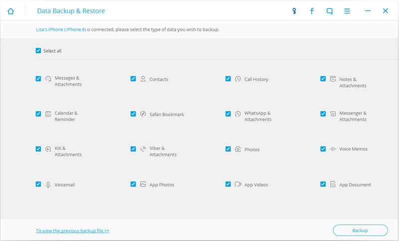 select data types to backup