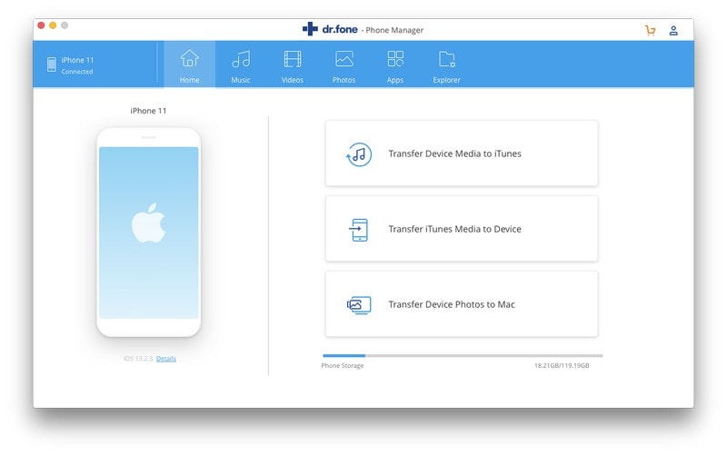 So verwenden Sie AirDrop vom Mac zum iPhone - Starten Sie Dr.Fone - Telefon-Verwaltung (iOS) und verbinden Sie das iPhone