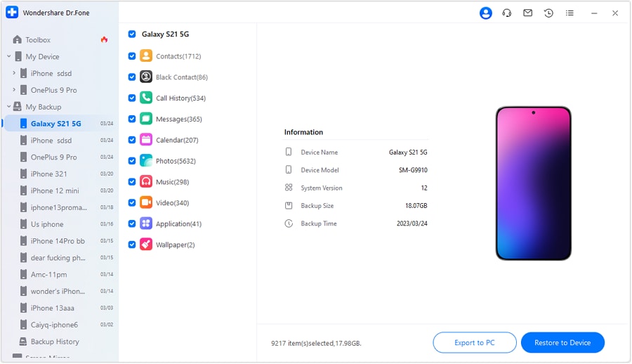 restore samsung S10/S20 backup from pc - select files