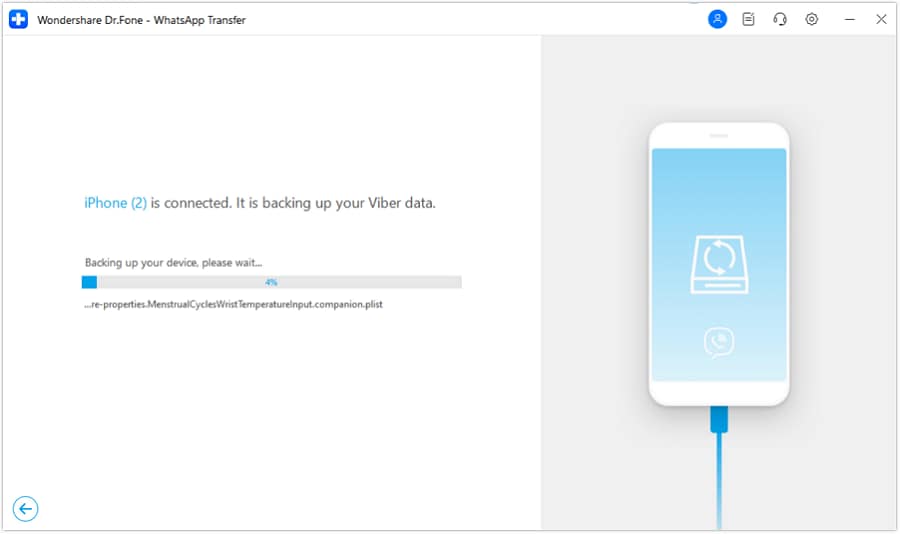 visualisation de la progression de la sauvegarde de Viber sur iOS.