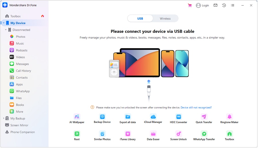 Conecta el dispositivo iOS con USB