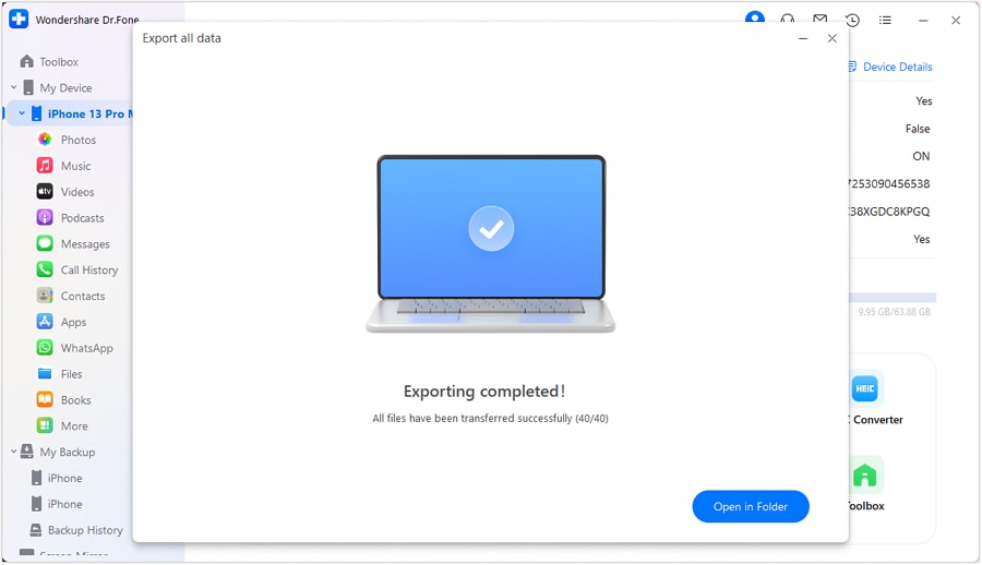 Data transfer from iPhone to computer is completed