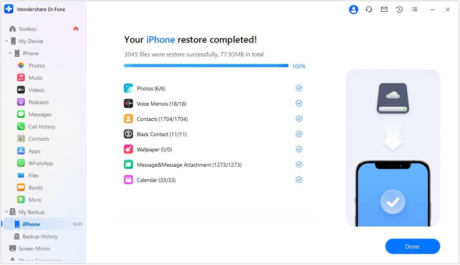 drfone iphone restore completed