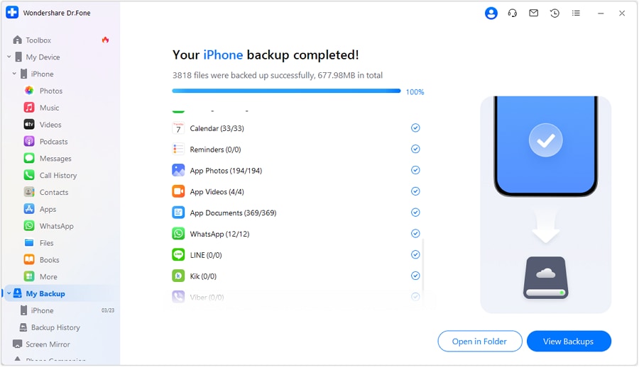 drfone iphone backup completed