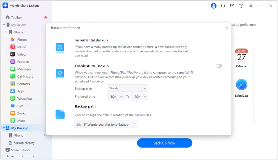 set backup preferences