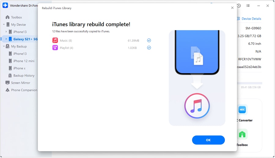  Proceso de regeneración de la biblioteca de iTunes completado