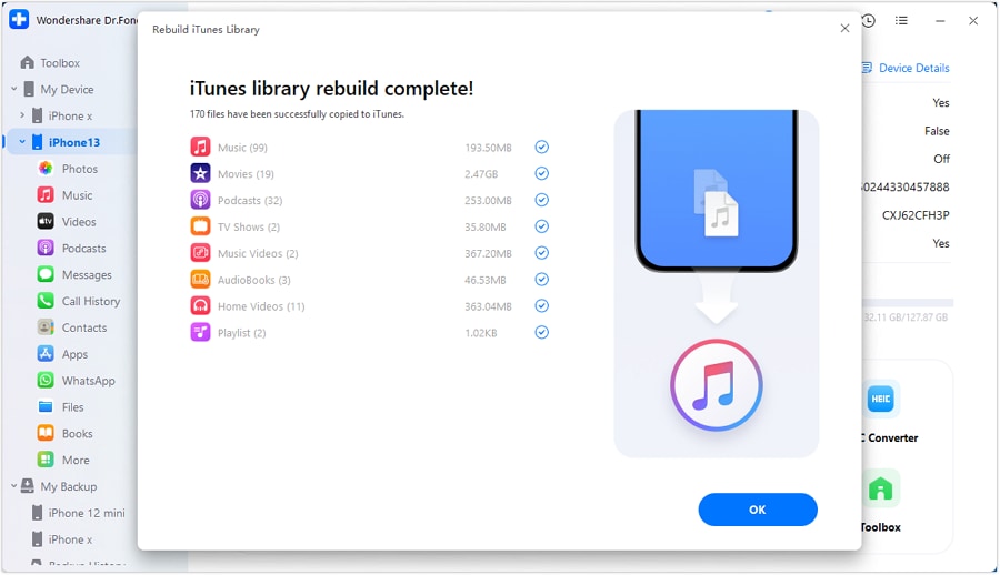 Regeneración de la biblioteca de iTunes completada