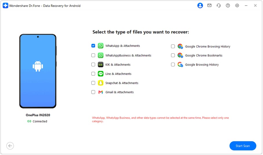 Select app data types for Advanced Recovery