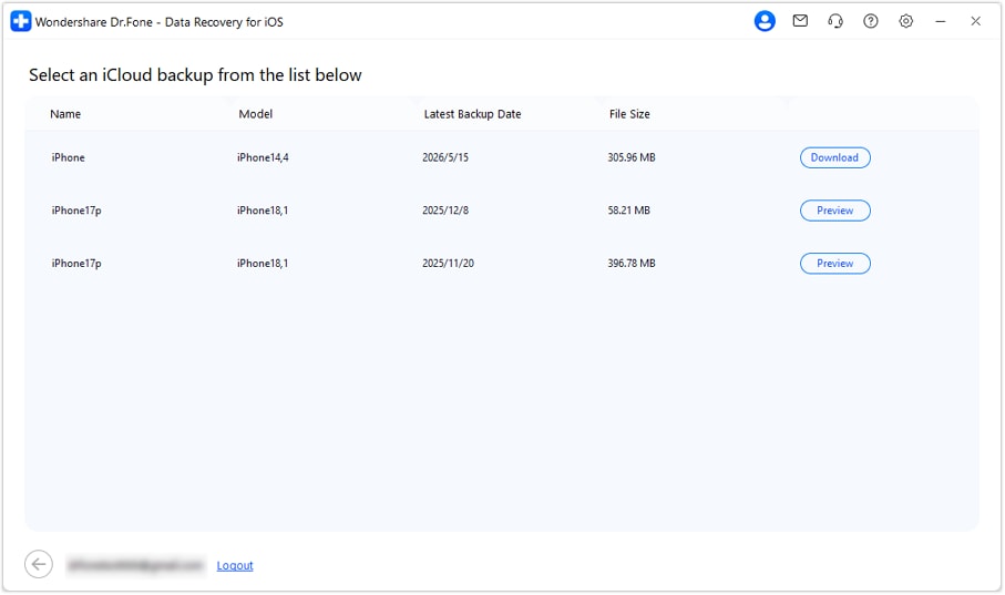 preview and select the backup file