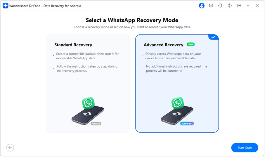 Seleccionar la recuperación avanzada de WhatsApp