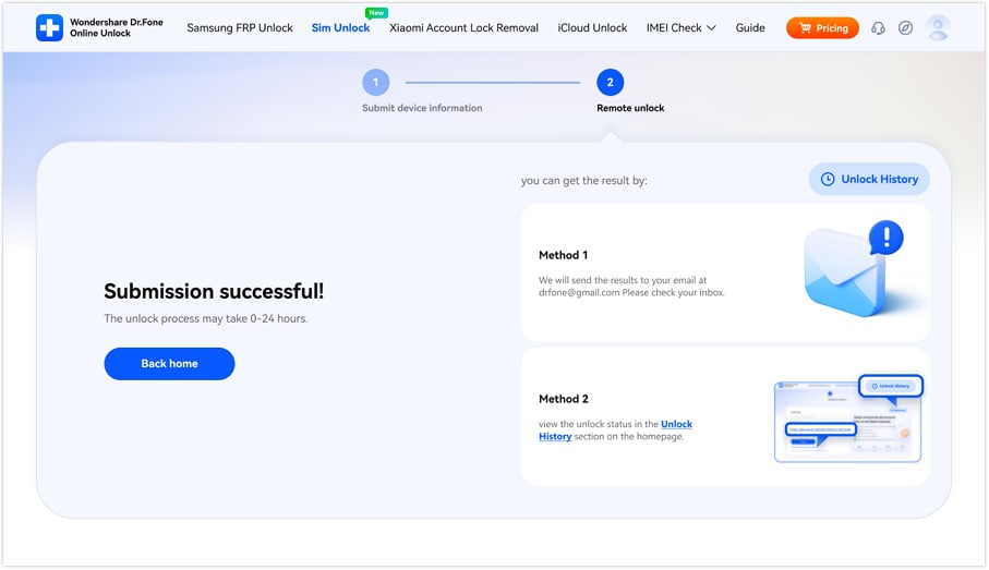 submit the unlock request successfully