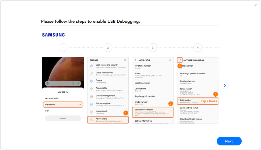 follow the steps to enable usb debugging