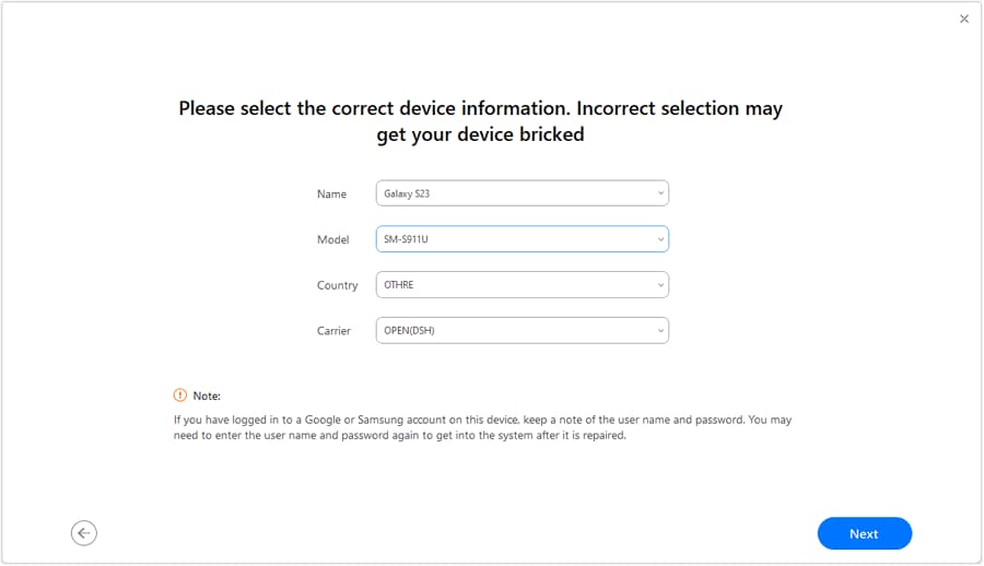 select the correct samsung device information