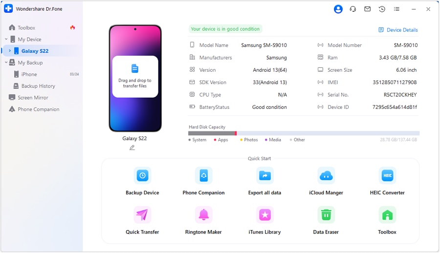 drfone phone manager interface