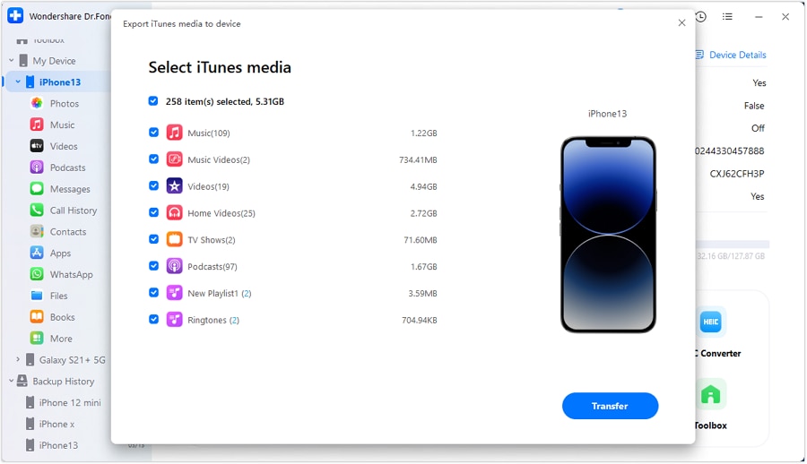 transfer itunes data to samsung galaxy S10/S20 - select data
