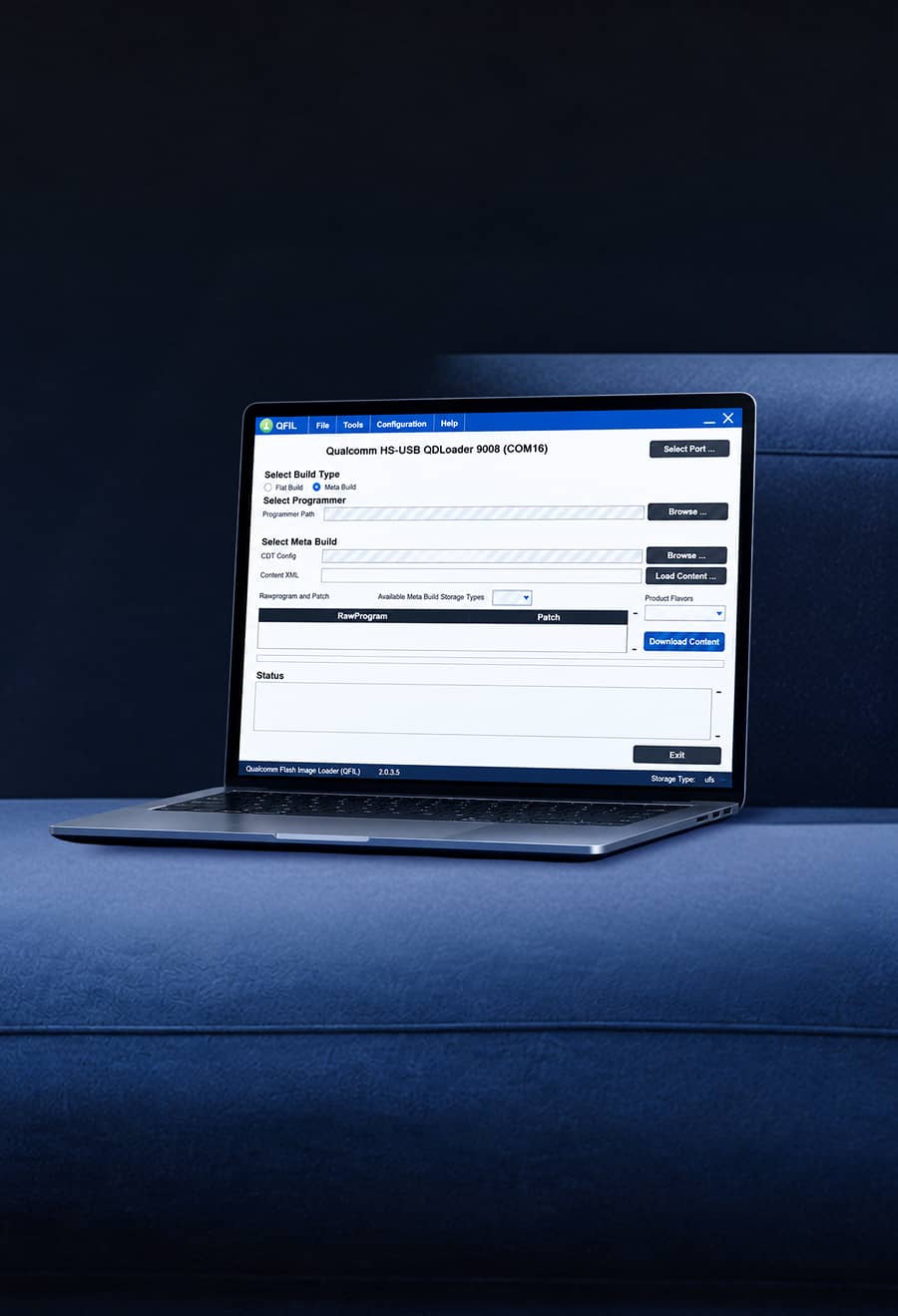 Laptop running the Qualcomm QFIL tool