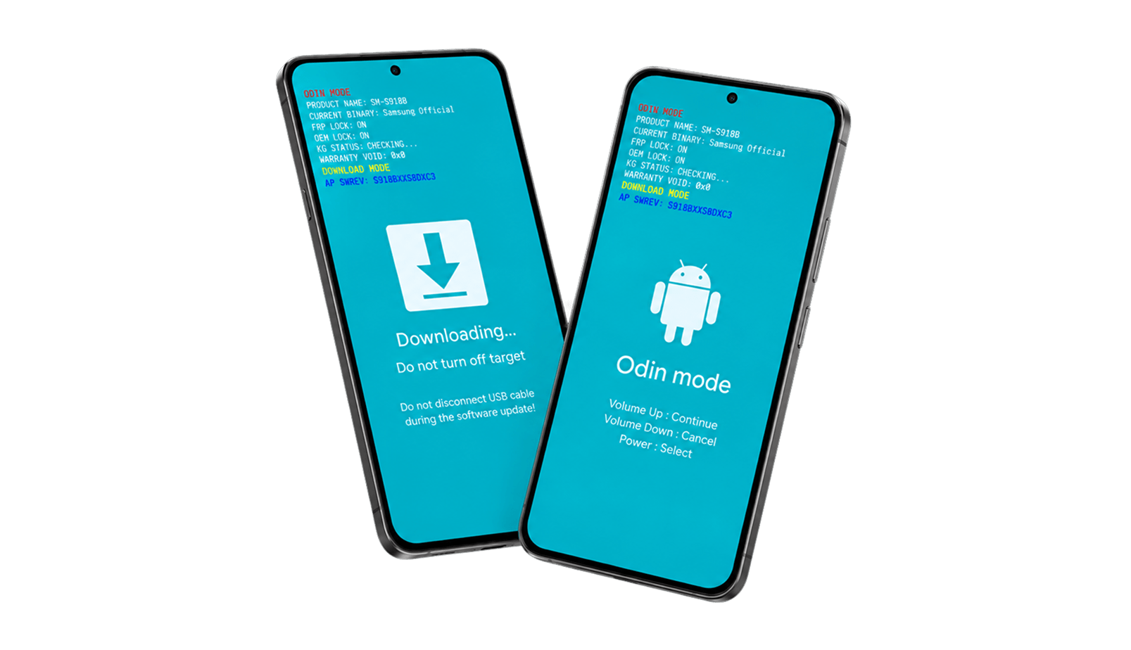 Samsung phones showing the Downloading and Odin Mode screens