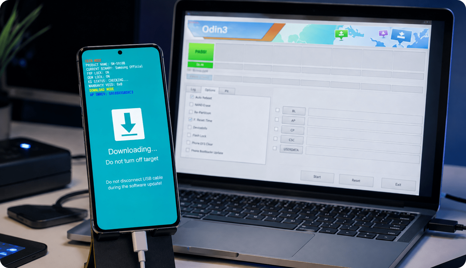 Samsung phone showing the blue Downloading screen next to a PC running Odin
