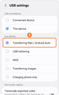 Select File Transfer mode on Android