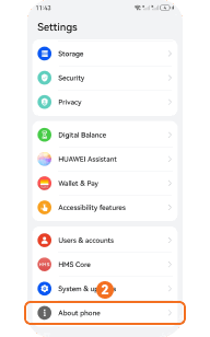 Tap About phone on Huawei HarmonyOS