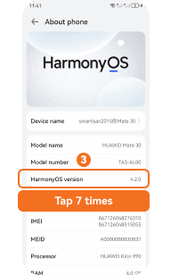 Tap HarmonyOS version 7 times on Huawei phone