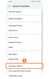 Tap Developer options on Huawei HarmonyOS