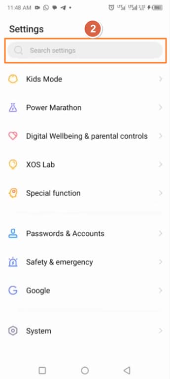 Tap the Search settings bar