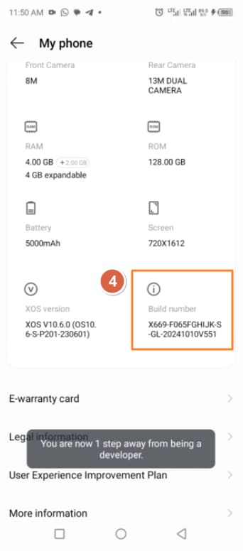 Tap Build number to enable Developer options on Infinix phone