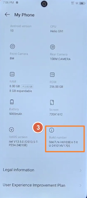 Tap Build number 7 times on Itel phone