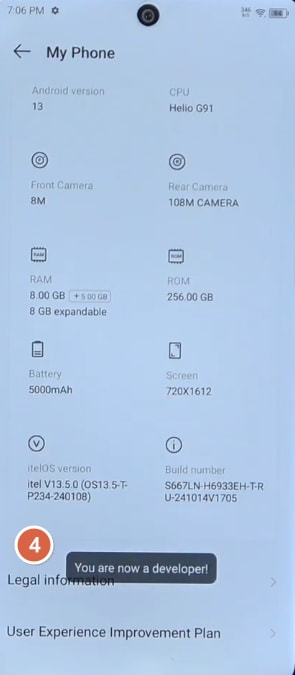 Developer options enabled on Itel phone