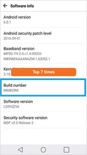 Tap Build number 7 times on LG phone