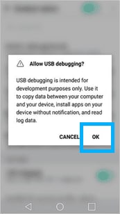 Tap OK to allow USB debugging on LG phone