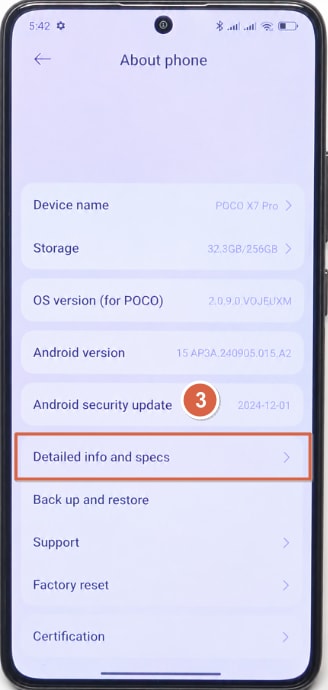 Tap Detailed info and specs on POCO phone