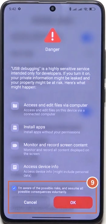 Tap OK on USB debugging danger prompt on POCO phone