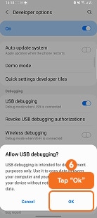 Tap OK to allow USB debugging on Samsung One UI 3